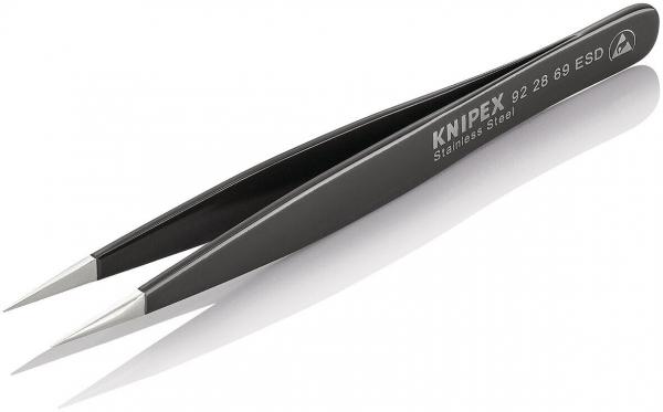 The image shows a black pliers from Knipex. It has pointed, narrow gripping arms and a smooth surface. The pliers are designed for precise gripping and working.