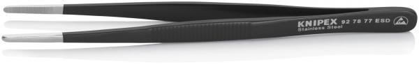 The image shows a black metal tweezer with narrow tips that are slightly curved. It has a non-slip surface and the brand "Knipex" is printed on it.