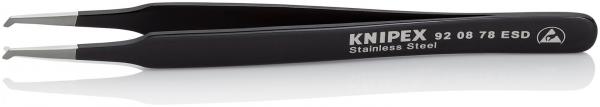 The image shows a black stainless steel tweezer with slim, curved tips. It features the imprint "KNIPEX" and an item number. The surface is smooth and shiny.