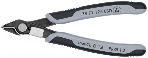 The image shows a pair of wire cutters. They have gray rubber grips and a metallic tip. The tip is narrow and sharp, ideal for cutting wires and small objects.