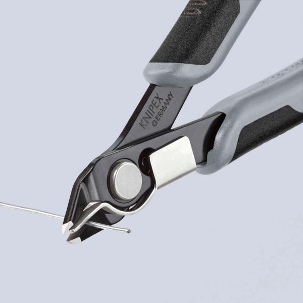 The image shows a wire cutter pliers. The grip areas are black and gray, while the cutting blades appear shiny and sturdy. A wire is held at the end of the pliers.
