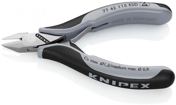 The image shows a small, ergonomic pliers with gray and black handles. The blades are pointed and shiny, ideal for cutting fine wires. The handle reads "KNIPEX".