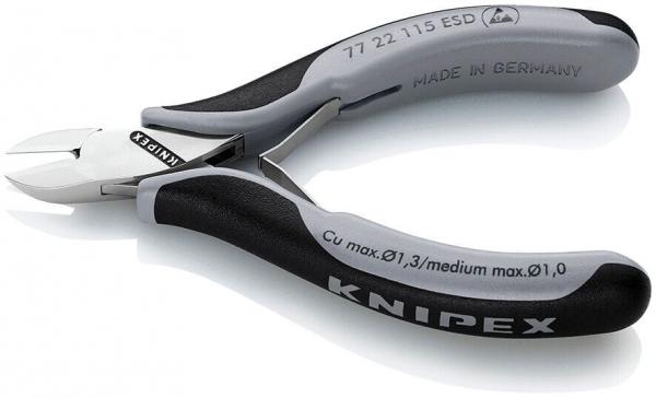 The image displays a small, serrated side cutting pliers with an ergonomic handle made of black and gray plastic. The pliers feature a sharp cutting edge and an engraved brand name.