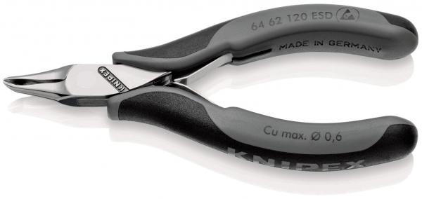 The image shows a pair of pliers with long, narrow blades and an ergonomic handle. The handle is black with gray elements, and the blades are metallic and shiny.