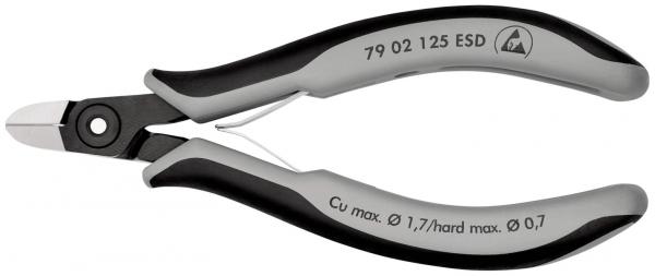 The image shows a small pair of pliers with gray and black handles. The pliers have a flat cutting edge, ideal for cutting fine wires. They are ergonomically shaped and lightweight.