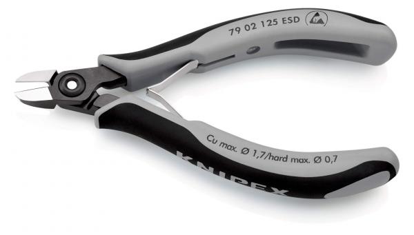 The image displays a classic combination pliers. It features ergonomic handles in black and gray plastic. The cutting edge is narrow and metallic, ideal for precise work.