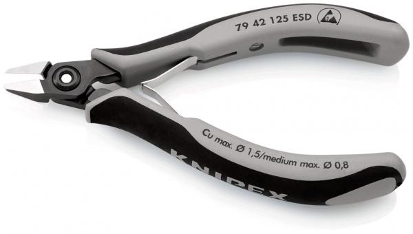 The image shows a small flat-nose pliers with gray and black rubber grips. The jaws of the pliers are narrow and pointed, ideal for cutting. The model number and brand name are embossed on the handle.
