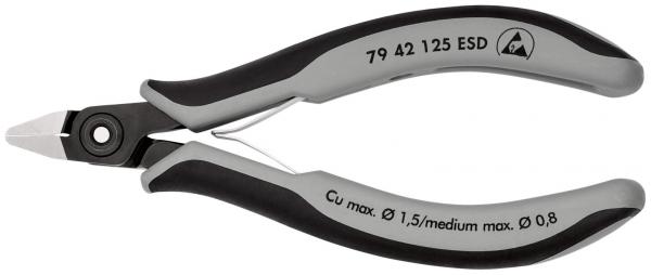The image shows a small pair of pliers with gray and black handles. The cutting edge is pointed and narrow, ideal for precision work. Technical details are printed on the handle.