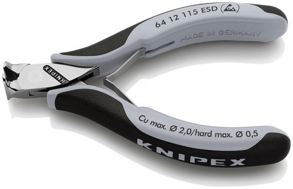 The image shows a pair of pliers with curved, gray and black handles. The blade is blunt and narrow, ideal for precise tasks. The pliers are marked with brand and size specifications.