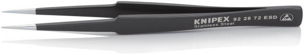 The image shows a narrow, black stainless steel tweezer with pointed tips that provide a non-slip grip. The brand name and model number are embossed on the handle.