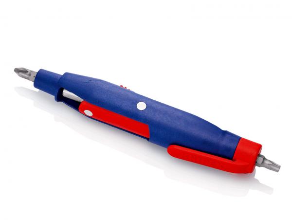 Das Bild zeigt einen blauen Schraubendreher mit roten Akzenten. Er hat einen ergonomischen Griff und an beiden Enden Schraubenköpfe, die wechselbar sind.