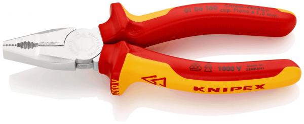 It is a pair of pliers with metallic jaws and red and yellow, non-slip grips. It is suitable for precise work and has insulation for electrical safety.