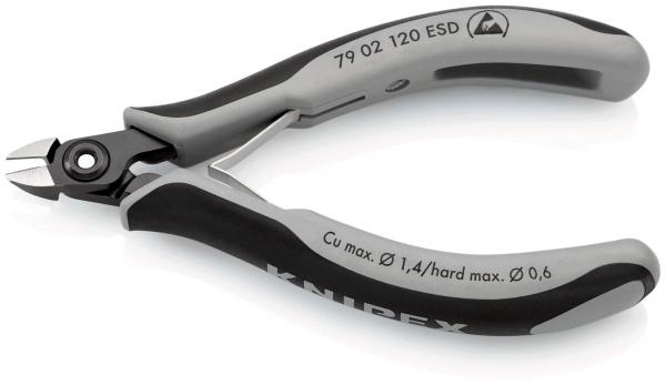 The image shows a diagonally serrated pliers with a black and gray handle. The cutting surfaces are narrow and sharp, ideal for cutting wire or small objects.
