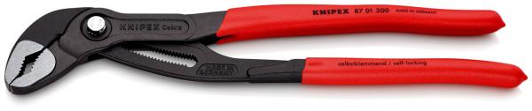 The image displays a water pump pliers with black gripping surfaces and red handles. The pliers have an elongated shape and an adjustable clamp for setting the gripping width.