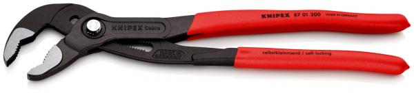 The image shows a large pliers with red, ergonomic handles and a black head. The pliers have an adjustable opening and rough edges for better grip.