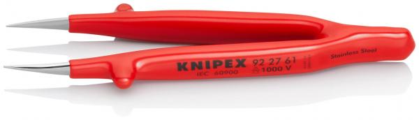 The image shows a red pair of pliers with sharp, curved grippers. The handles are ergonomically shaped and labeled. The pliers are suitable for precise work.