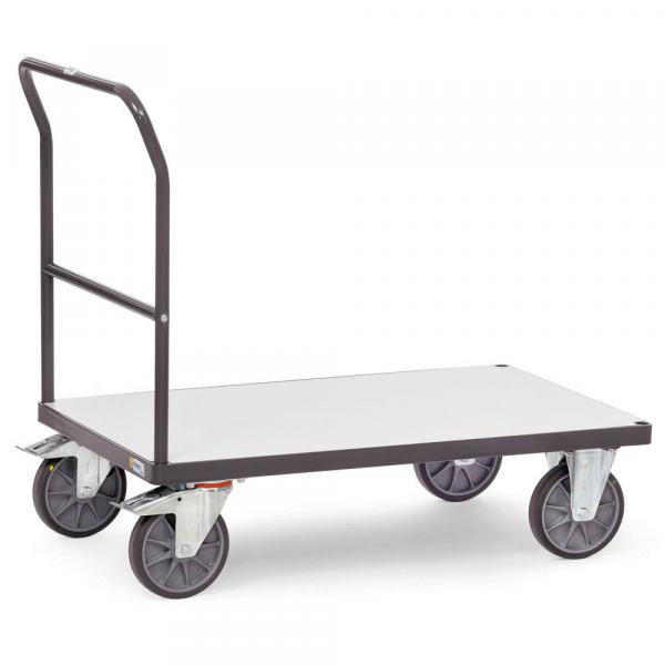 The image shows a flat transport cart with a sturdy, rectangular base and a high-grade handle. It has four large wheels that are mobile and move smoothly.
