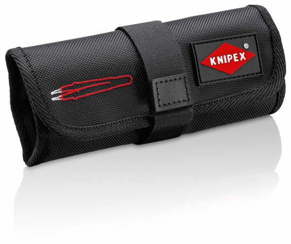 The image shows a black, rolled-up tool bag made from sturdy material. It features a Velcro fastener and a colored logo. A red cable is subtly depicted on the surface.