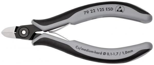 The image shows a pair of pliers with a gray and black plastic handle. It has a sharp cutting edge at the tip and is designed for cutting wire or fine materials.