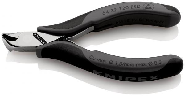Das Bild zeigt eine kleine Zange mit kurzen, abgerundeten Klingen. Der Griff ist schwarz mit rutschfester Oberfläche. Auf dem Griff steht der Markenname "Knipex" sowie technische Informationen.