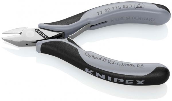 The image shows a precise pair of pliers with gray and black handles. It has a slim, flat tip for gripping and cutting, suitable for delicate tasks.