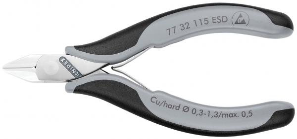 The image shows a flat, pointed pair of pliers with gray rubber grips. The pliers have a silver, shiny cutting edge and a label on the handle. It is suitable for precise work.