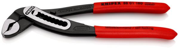 The image shows a pair of pliers with red handles and a black head. The pliers have a special serration and are designed for gripping and turning objects.