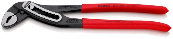 The image shows a black water pump pliers with red handles. The upper part has a curved edge and a clamp with grooves to securely grip objects.