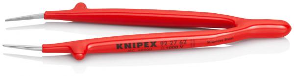 The image shows a red pliers with long, pointed gripping arms. It has a curved handle and is suitable for precise gripping and holding. The brand "KNIPEX" is printed on it.
