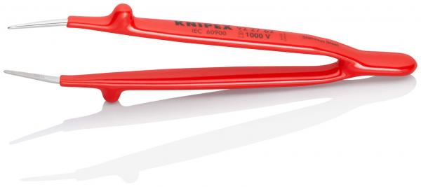 The image shows a red tweezer with long, narrow tips. It has an ergonomic handle and is ideal for gripping small objects. The surface is smooth and shiny.