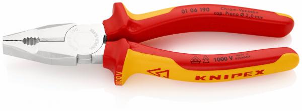 The image shows a combination pliers with red and yellow grip areas. The pliers have a shiny, metallic head section with a pointed and a smooth side surface.