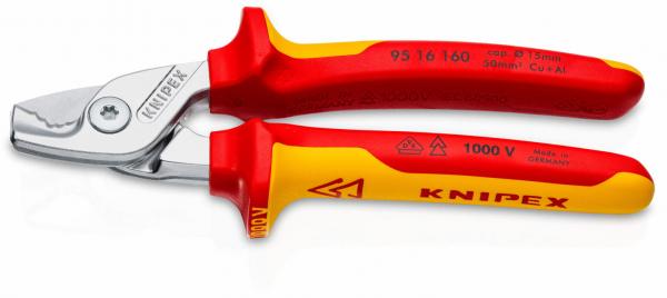 Das Bild zeigt eine rote und gelbe Zange mit einem verchromten Kopf. Die Griffe sind ergonomisch geformt und weisen eine rutschfeste Oberfläche auf. Auf den Griffen steht "KNIPEX" und weitere technische Angaben.