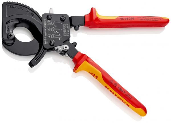 The image shows a black, serrated pliers with a large, round opening area and red, non-slip grips. It is suitable for cutting or gripping pressure-sensitive materials.