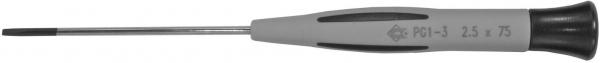 The image shows a screwdriver with a long, narrow metal pin and an ergonomic handle. The handle is gray and has a black top, ideal for a comfortable grip.