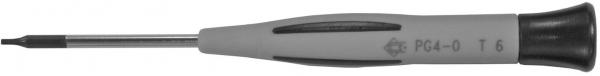 The image shows a slim, gray screwdriver with a wide, black handle and a sharp, long blade. The blade has a slightly curved shape and is precisely crafted.