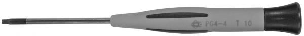 The image shows a screwdriver with a long, narrow metal area and an ergonomic, gray handle. On the handle, there is a black rubber coating and a size marking.