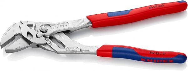 The image shows a pair of pliers with a metallic head and red and blue plastic handles. The head has a pointed and a flat edge, suitable for gripping and cutting.