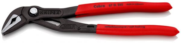 The image shows a pair of pliers with red, rubberized handles and a black, metallic head. The pliers have a flat, angled edge and a cross-slot opening for gripping.