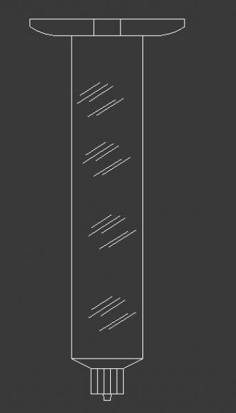 The image shows a vertical, cylindrical body with a wide top and a narrow bottom. The cylinder has vertical grooves and a screw head attachment at the lower end.