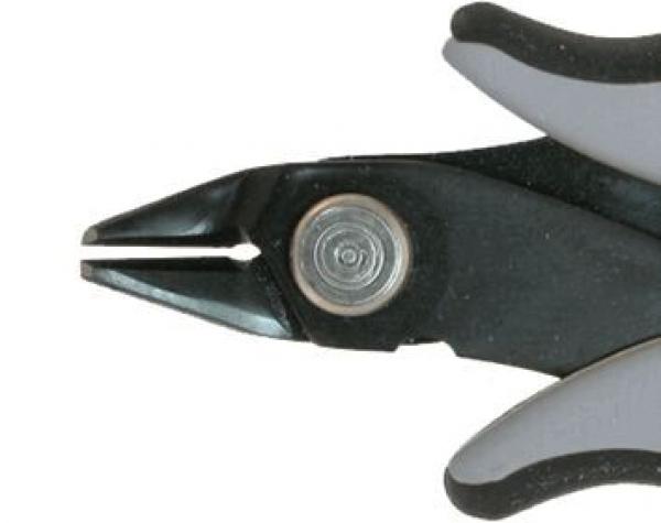 The image shows a pair of pliers with gray and black handles. The halves of the pliers are slightly open, and at the tip, two narrow blades are visible. They are intended for gripping or cutting.