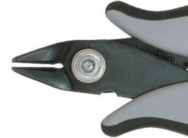 The image shows the tip of a pair of pliers. The jaws are black with gray handles. The tip is narrow and tapered, well suited for gripping and cutting.