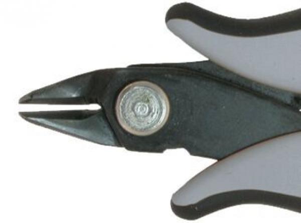 The image shows the tip of a pair of pliers. The pliers have gray, ergonomic handles and a narrow, pointed working surface that is suitable for precise cuts.