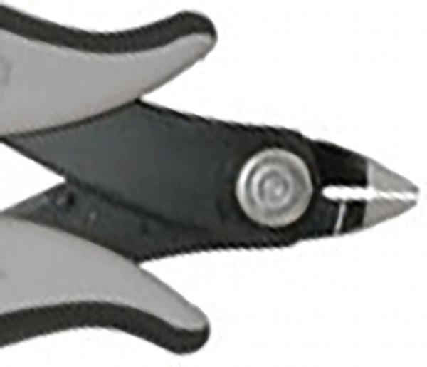 The image shows a pair of pliers with a metallic head and two ergonomically shaped handles. The pliers have a pointed, sharp working surface and are colored in black and gray.