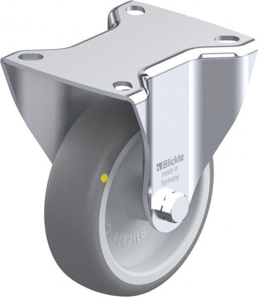 The image shows a furniture wheel. It has a round, gray rubber wheel surface and a metal bracket that has a rectangular extension on top. A yellow dot is visible on the wheel.