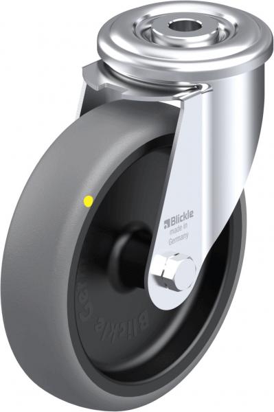 The image shows a simple wheel with a gray rubber tire and a metallic holder. The holder has a shiny surface and a central axle.