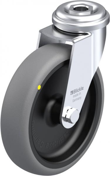 The image shows a caster wheel with a silver metal casing and gray rubber tires. The wheel has a black core and a yellow marking. It is designed for movable furniture.