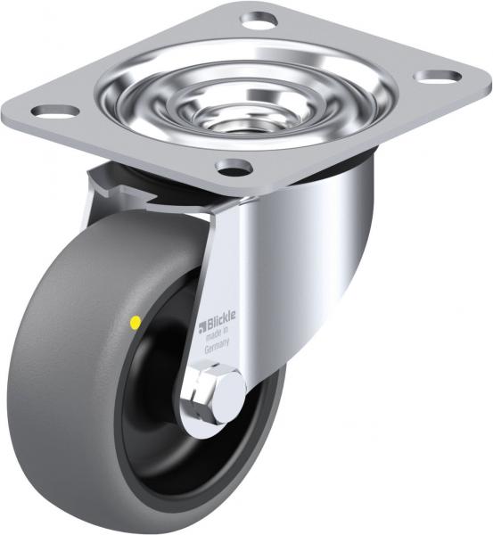 The image displays a metal roller bearing with a mountable plate. It features a gray rubber roller that rotates easily, and a shiny, silver bracket.