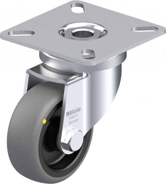 The image displays a silver furniture caster with a swiveling mount. The rubber is dark and features a yellow marking. It is suitable for easily moving furniture.