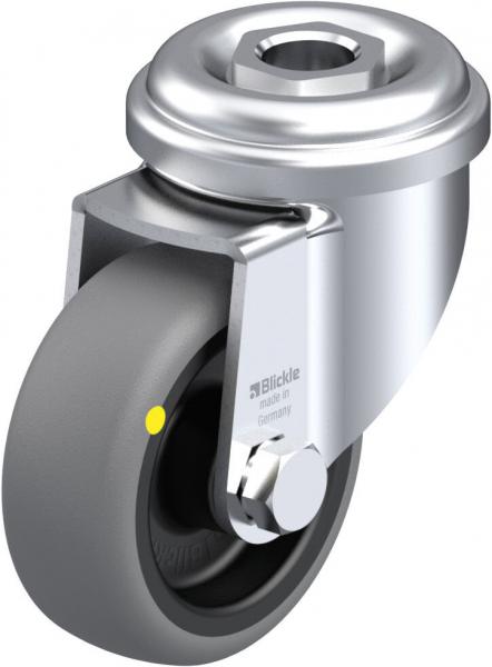 The image shows a silver roller bearing with a large gray rubber roller. The top surface is round and has a central screw. A small yellow marking is visible.