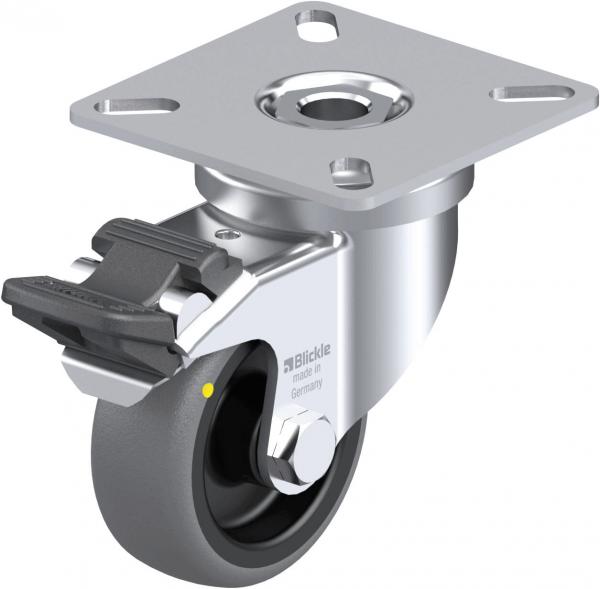 The image shows a caster frame. It has a metallic base with a round, movable rubber wheel and a mounting hole for assembly. It features a brake for stabilization.